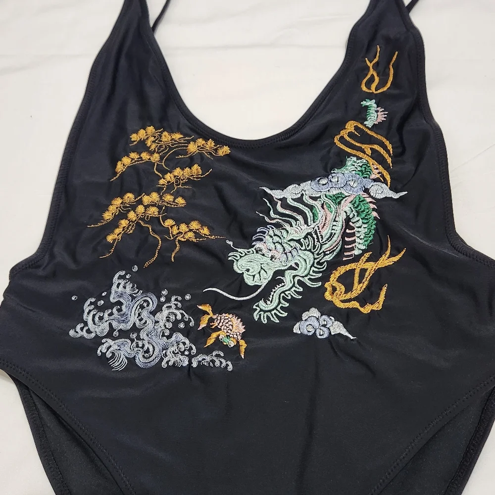 Nasty Gal Black Dragon Embroidered One Piece Swimsuit Asian Inspired M